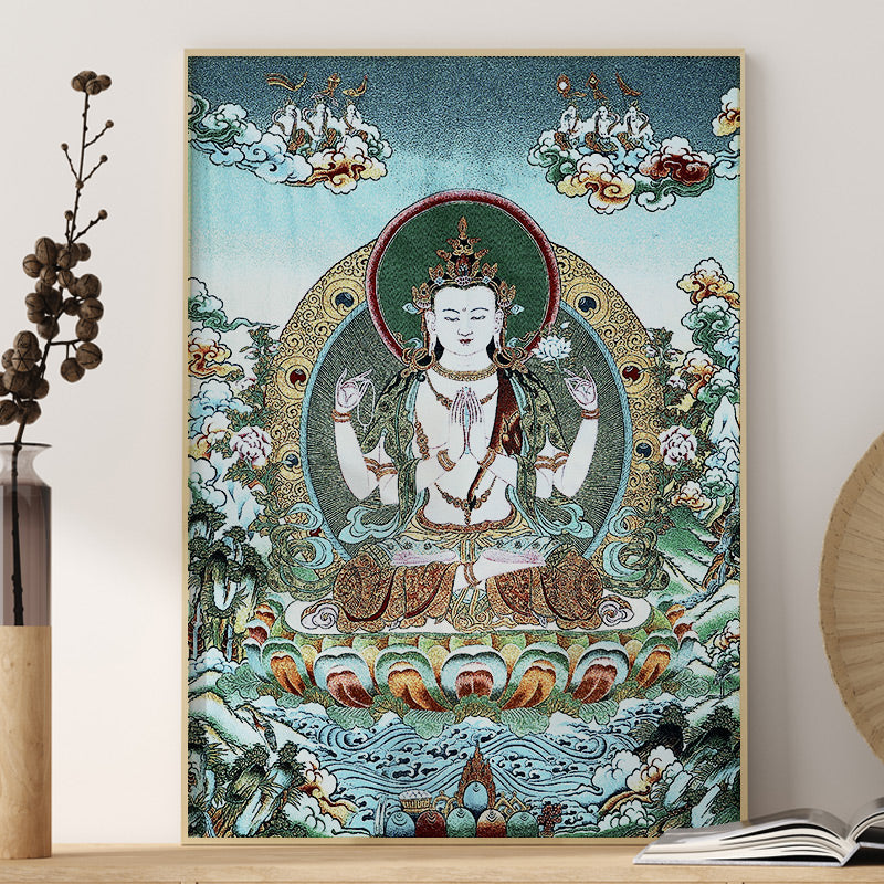 Mythstone Tibetan Silk Embroidery White Tara Thangka Tapestry Wall Hanging Wall Art Meditation for Home Decor