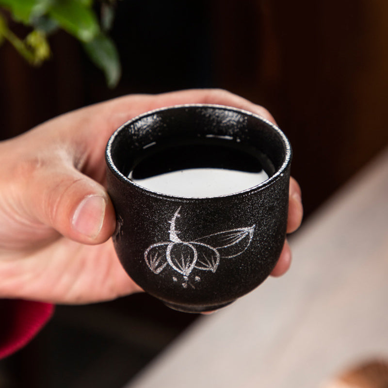 Mythstone Hand Painted Lotus Flower Bamboo Chrysanthemum Black Pottery Ceramic Teacup Kung Fu Tea Cup 95ml