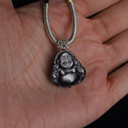 Mythstone Natural Silver Sheen Obsidian Laughing Buddha Protection Necklace Pendant