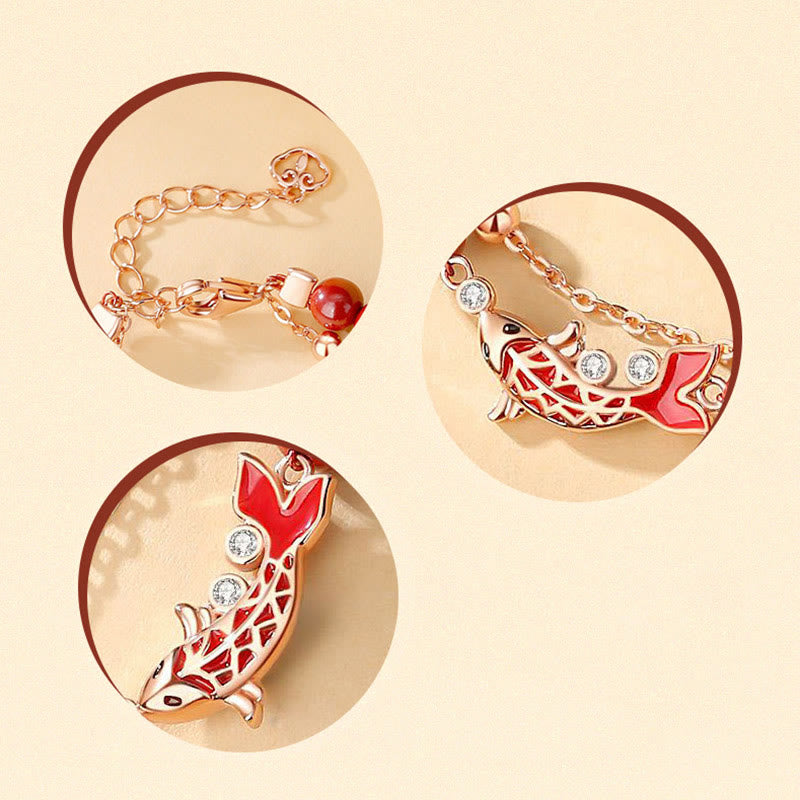 Mythstone 925 Sterling Silver Lucky Koi Fish Cinnabar Zircon Prosperity Double Layer Chain Bracelet