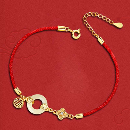 Pulsera de cuerda roja con hebilla de paz y jade hetiano de plata esterlina 999 Mythstone con carácter Fu y suerte 