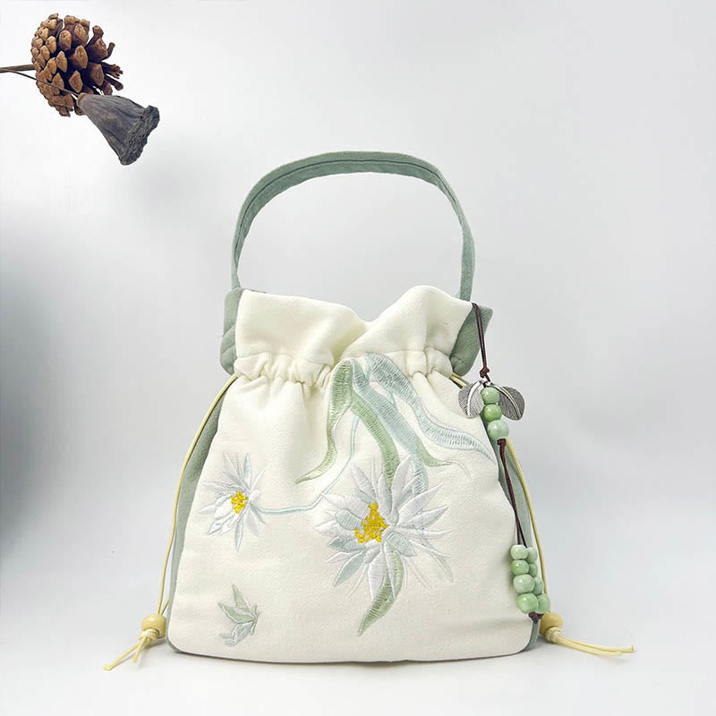 Mythstone Embroidered Butterfly Lotus Magnolia Cotton Linen Tote Crossbody Bag Shoulder Bag Handbag