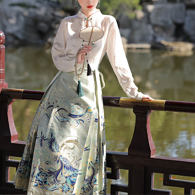 Mythstone Green Phoenix Printed Chinese Hanfu Horse Face Skirt Mamianqun