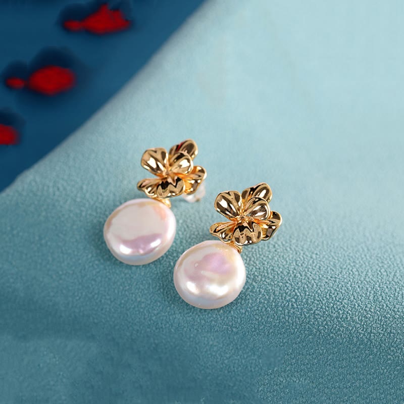 Mythstone 925 Sterling Silver Natural Baroque Pearl Flower Healing Drop Earrings