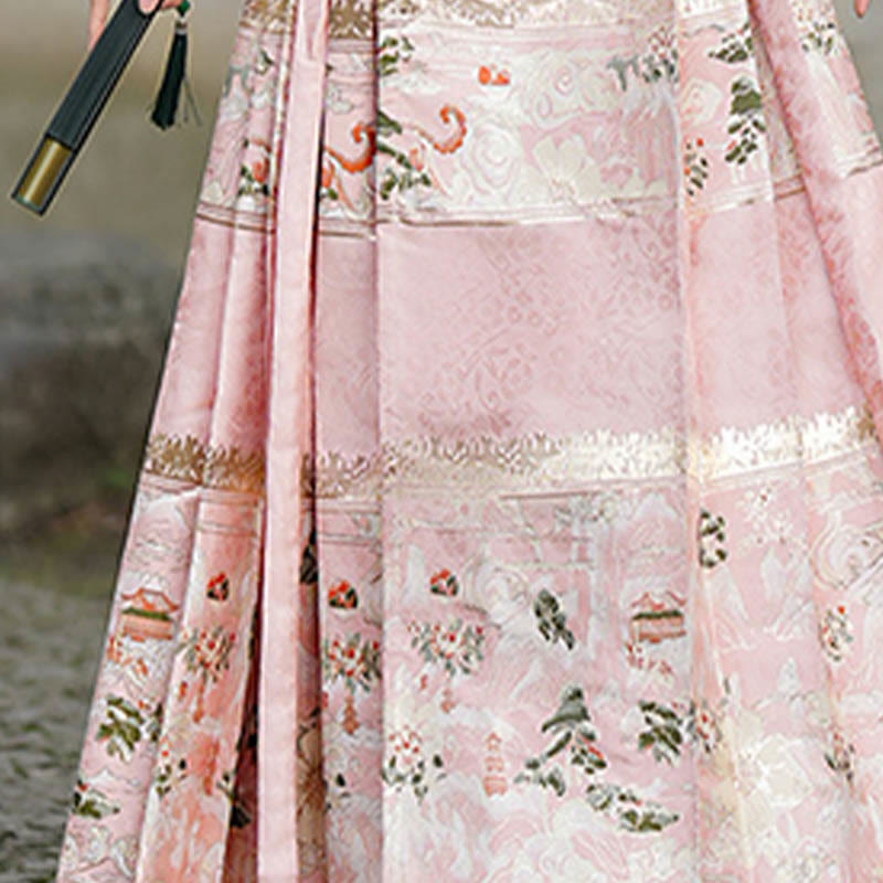 Mythstone Chinese Hanfu Pink Peach Garden Printed Horse Face Skirt Mamianqun