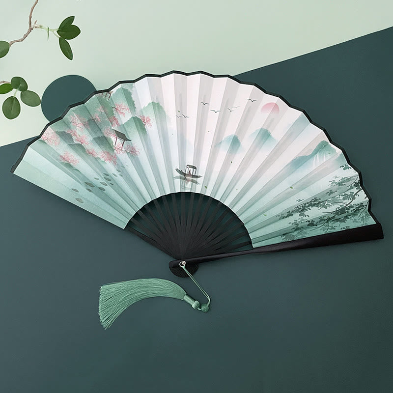 Mythstone Retro Lotus Flower Leaf Mountain Lake Handheld Folding Fan With Bamboo Frames