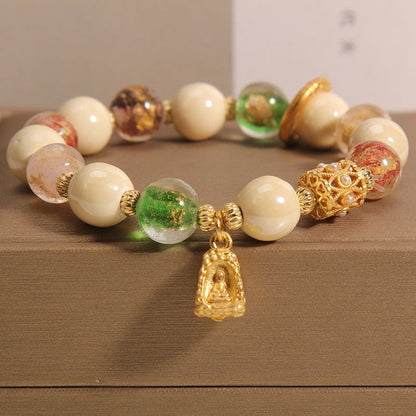 MythStone Tibetan Multicolored Liuli Glass Bead Buddha Lotus Charm Enlightenment Bracelet