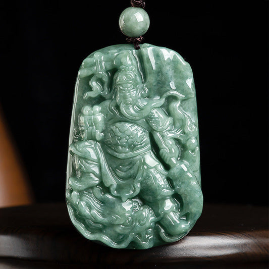 Mythstone Natural Jade Guan Gong Amulet Wealth Necklace Pendant