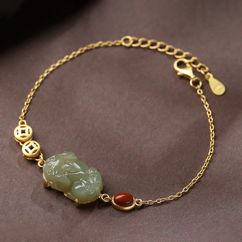 Pulsera de cadena de éxito con moneda de cobre, ágata roja y jade cian de Mythstone PiXiu