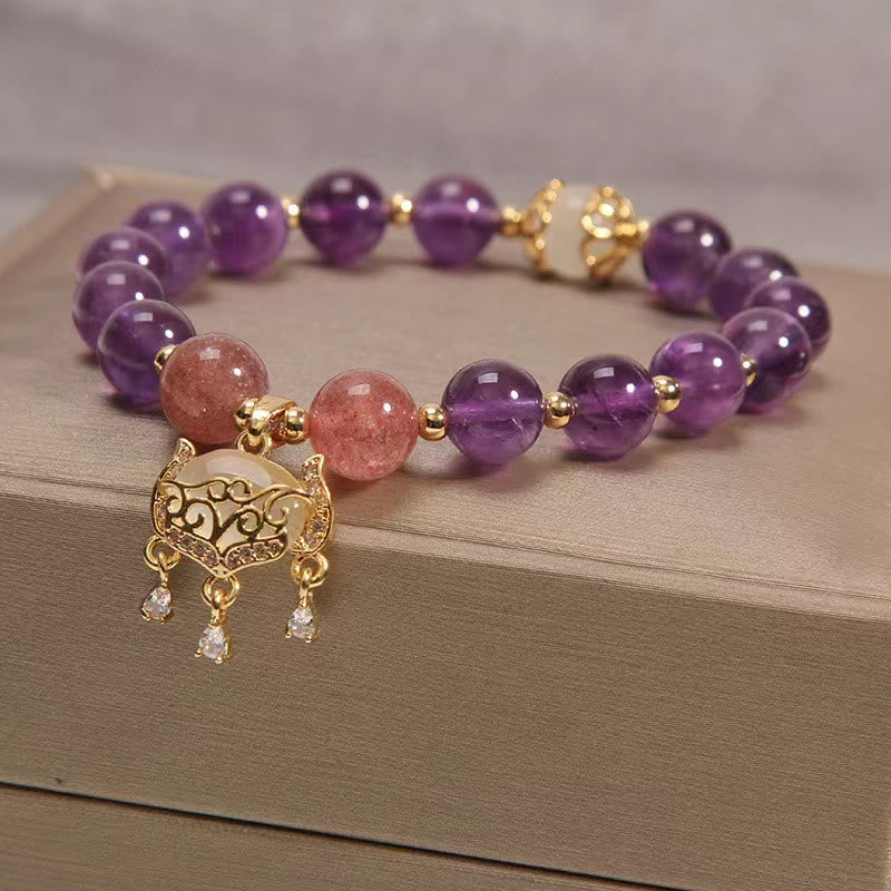 Mythstone Natural Amethyst Strawberry Quartz Cat Eye Chinese Lock Charm Healing Bracelet