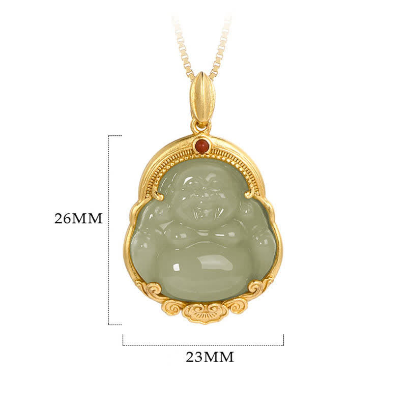 Mythstone 925 Sterling Silver Laughing Buddha Natural Hetian Jade Luck Prosperity Necklace Pendant