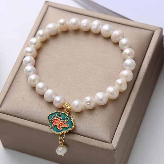 Mythstone Natural Pearl Lotus Koi Fish Goldfish Optimism Charm Bracelet