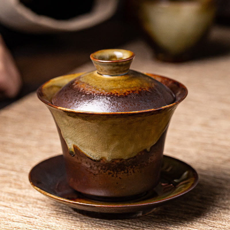 Mythstone Vintage Brown Kiln Change Design Porcelain Ceramic Gaiwan Sancai Teacup Kung Fu Tea Cup And Saucer With Lid