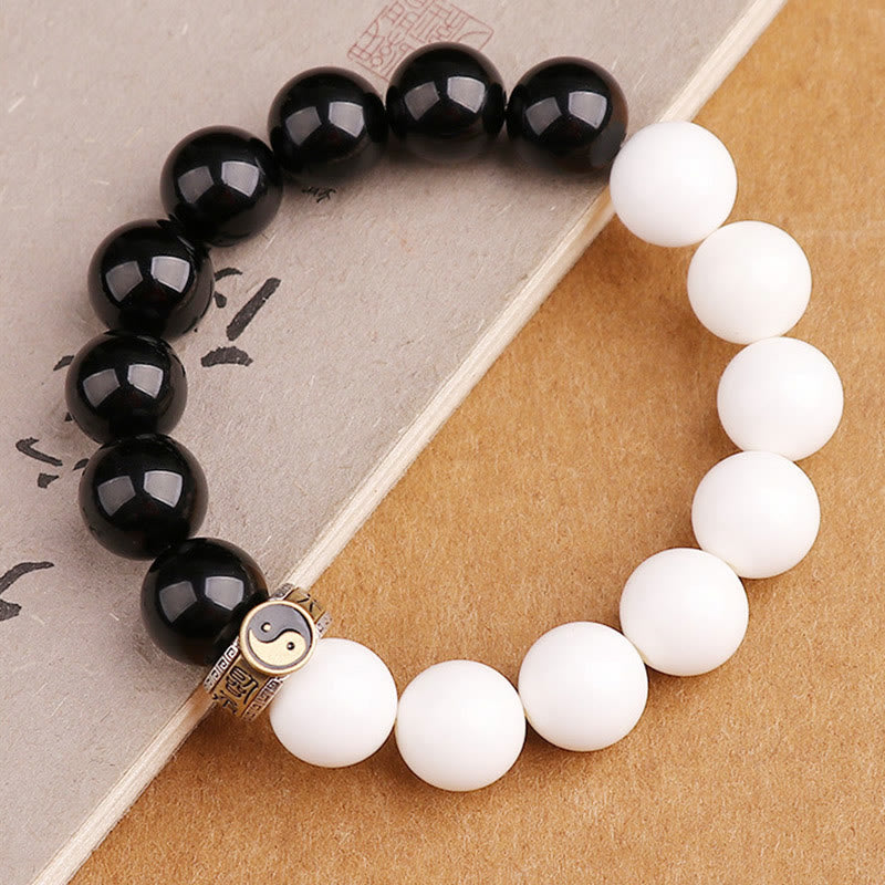 Mythstone 925 Sterling Silver Black Obsidian White Shell Yin Yang Strength Bracelet