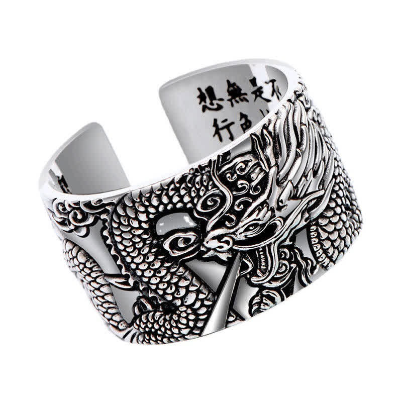 Mythstone 999 Sterling Silver Dragon Carved Pattern Protection Success Ring