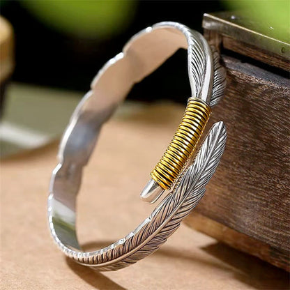 Mythstone Feather Pattern Engraved Luck Cuff Bracelet Bangle