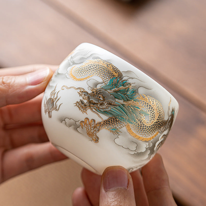 Mythstone Dragon Phoenix Auspicious Clouds Ceramic Teacup Kung Fu Tea Cup With Gift Box