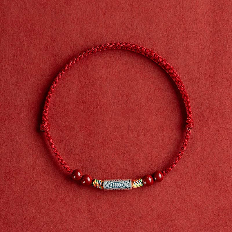 Mythstone 925 Sterling Silver Koi Fish Cinnabar Bead Wealth Handcrafted Braided Bracelet Anklet