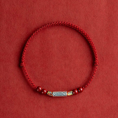 Mythstone 925 Sterling Silver Koi Fish Cinnabar Bead Wealth Handcrafted Braided Bracelet Anklet