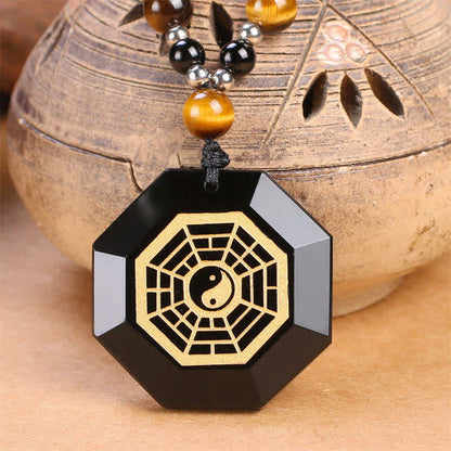 Mythstone Bagua Yin Yang Black Obsidian Purification Beaded Necklace Pendant