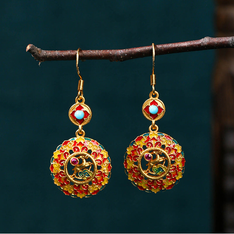 Pendientes colgantes de cobre con forma de alce de color Dunhuang bañados en oro de 24 quilates de Mythstone 