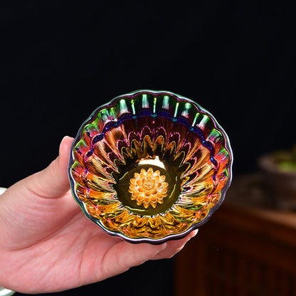 Mythstone Lotus Peacock Gold Inlaid Multicolored Chinese Jianzhan Ceramic Teacup Kung Fu Tea Cup