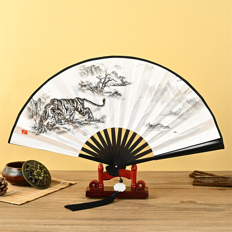 Mythstone Vintage Phoenix Nine-Tailed Fox Flower Bamboo Tiger Handheld Folding Fan Lotus Tassel Fan