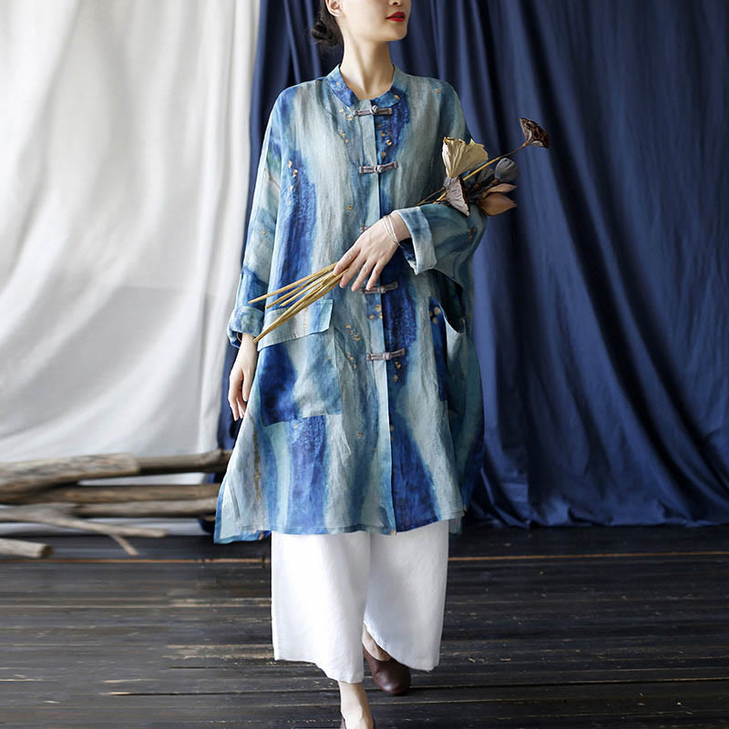 Mythstone Blue White Beige Small Flower Frog-button Design Long Sleeve Ramie Linen Jacket Shirt With Pockets