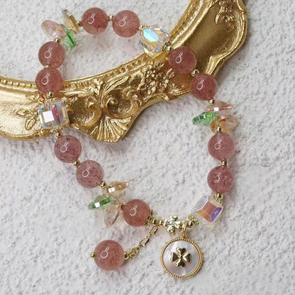 Mythstone Strawberry Quartz Lucky Four Leaf Clover Healing Charm Bracelet