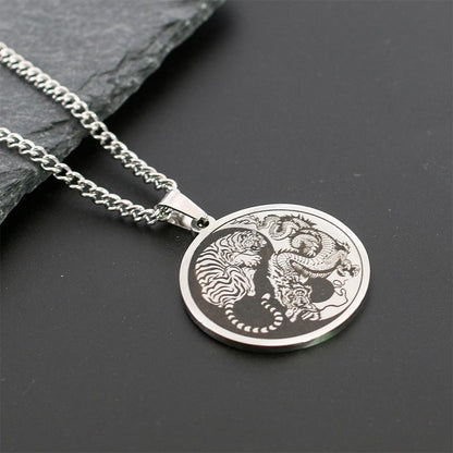 Mythstone Tiger Dragon Titanium Steel Chain Necklace Harmony Pendant