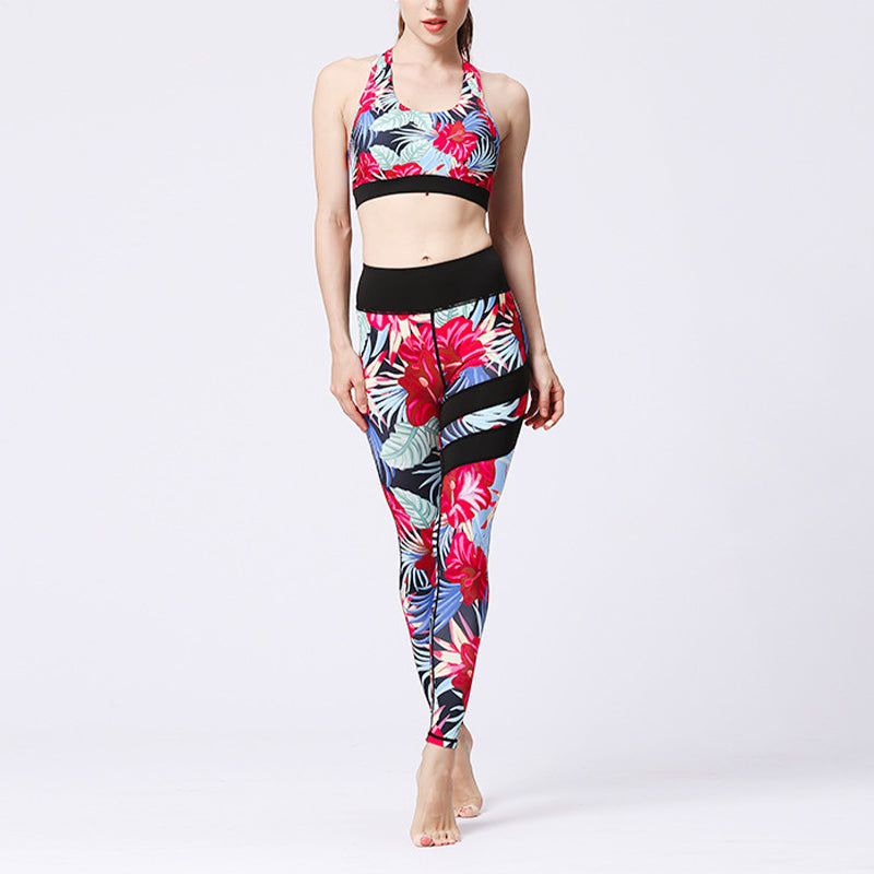 Mythstone 2Pcs Sunflower Flowers Leaves Print Top Pants Sports Fitness Yoga Women's Yoga Sets