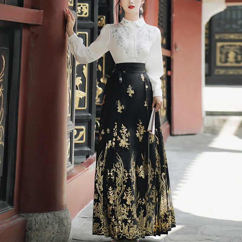 Mythstone Flowers Leaves Feathers Long Sleeve Shirt Top Chinese Hanfu Ming Dynasty Horse Face Skirt Mamianqun Skirt