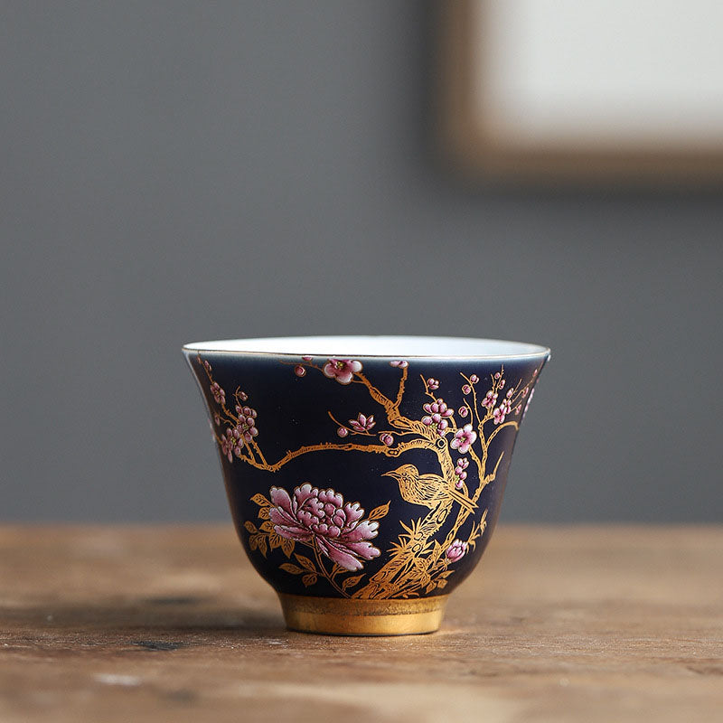 Mythstone Golden Magpie Peony Flower Ceramic Teacup Kung Fu Tea Cup