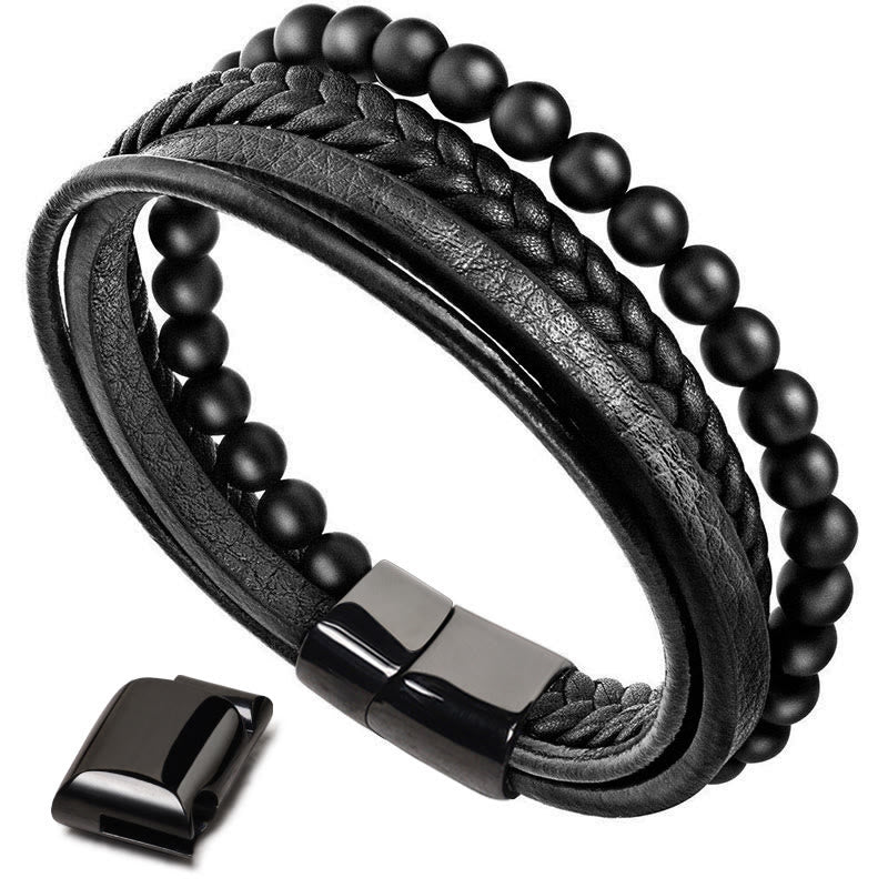 MythStone Natural Lava Rock Black Onyx Bead Leather Bracelet