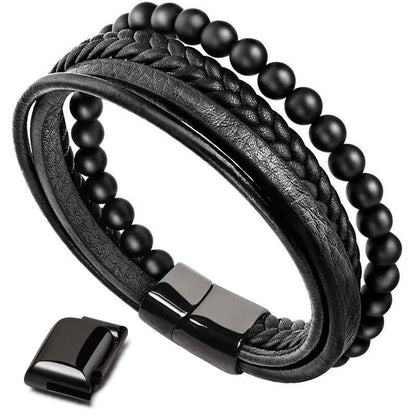 MythStone Natural Lava Rock Black Onyx Bead Leather Bracelet