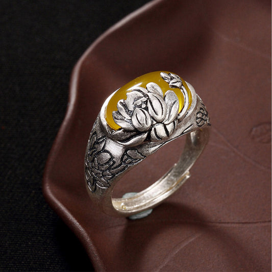 Mythstone Silver Citrine Lotus Blessing Protection Adjustable Ring