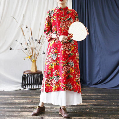 Mythstone Red Blue Peony Midi Dress Half Sleeve Cotton Linen Dress Wide Leg Pants With Pockets