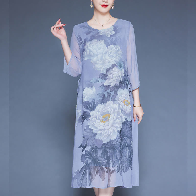 Mythstone Peony Flowers Print Three Quarter Sleeve Midi Dress