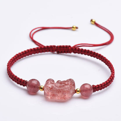 Mythstone Natural Strawberry Quartz PiXiu Lucky Red String Bracelet