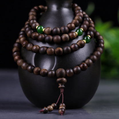 MythStone 108 Mala Beads Indonesia Tarakan Rare Agarwood Cyan Jade Ward Off Evil Spirits Bracelet