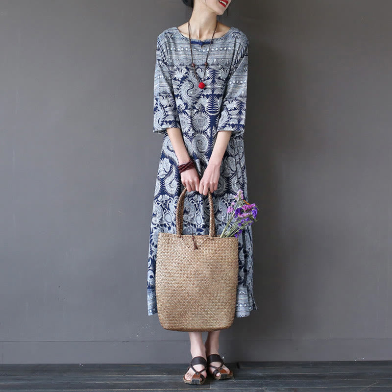 Mythstone Blue White Flower Printed Button Midi Dress Three Quarter Sleeve Cotton Linen Dress With Pockets