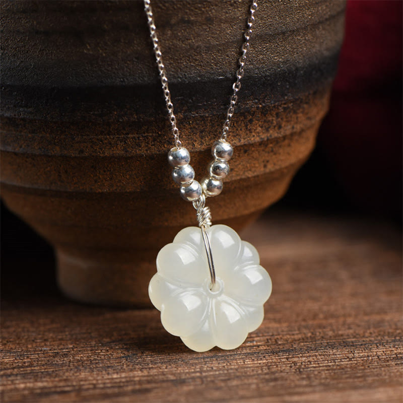 Mythstone 925 Sterling Silver Hetian White Jade Cosmos Flower Happiness Necklace Pendant