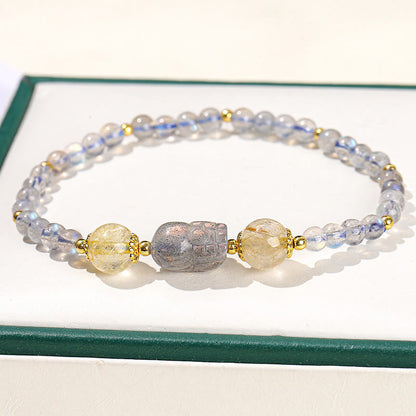 Mythstone Moonstone Strawberry Quartz Tourmaline PiXiu Healing Bracelet