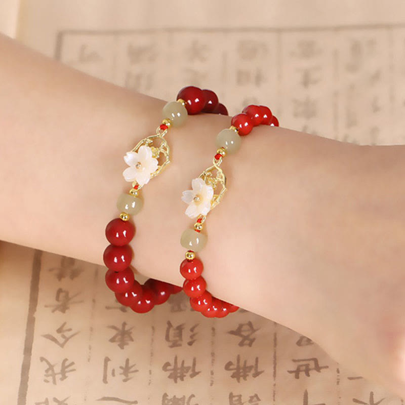 MythStone Natural Cinnabar Jade Beaded Tridacna Stone Flower Blessing Bracelet