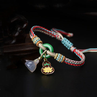 Mythstone Colorful Rope Chalcedony Lotus Jade Peace Buckle Harmony Gourd Charm Bracelet