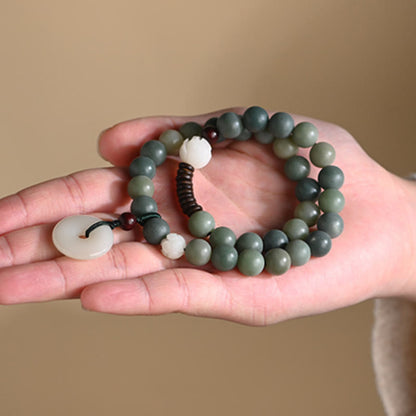 Pulsera de doble vuelta con hebilla de paz y sabiduría, semilla de bodhi, loto y jade cian