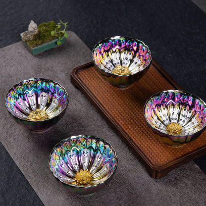 Mythstone Peacock Lotus Feathers Gold Inlaid Rainbow Color Jianzhan Ceramic Teacup Kung Fu Tea Cup