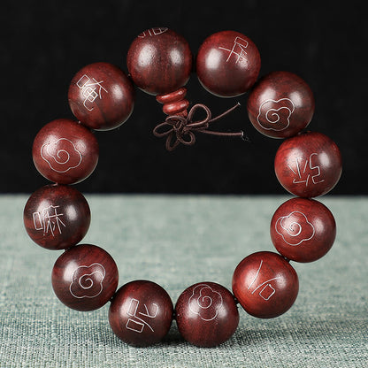 Mythstone 925 Sterling Silver Inlaid Small Leaf Red Sandalwood Om Mani Padme Hum Character Auspicious Clouds Protection Bracelet