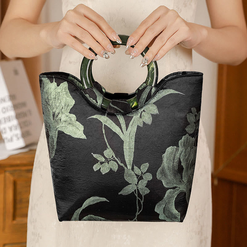 Mythstone Black Green Orchids Print Vintage Handbag