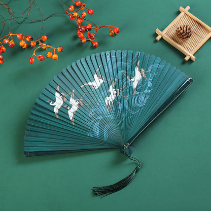 Mythstone Vintage Cloud Crane Maple Leaf Pattern Handheld Bamboo Folding Fan